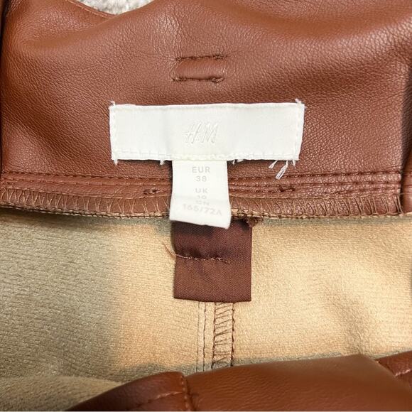 H&M Brown Vegan Leather Belted Paper Bag Trousers Tapered Pants Size 6 - Picture 10 of 11